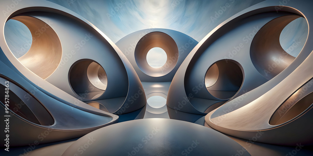 Poster abstract geometric structure: a mesmerizing, futuristic landscape of metallic, organic forms creates