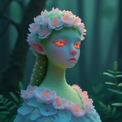 A fantasy illustration of a beautiful woman with long wavy hair, wearing a dress made of leaves and flowers, standing in an enchanted forest with soft green lighting.
