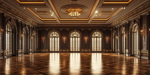 Obraz premium luxury silver hotel ballroom with wooden intricate royal carving wall and elegant wooden floor 