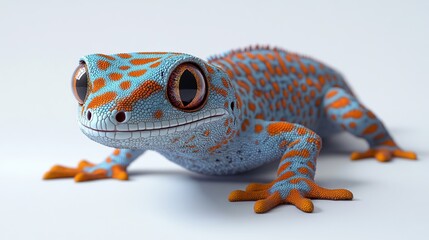 A colorful, cartoon-like gecko with vibrant blue and orange patterns.
