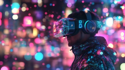A person wearing a futuristic VR headset against a vibrant, colorful background.