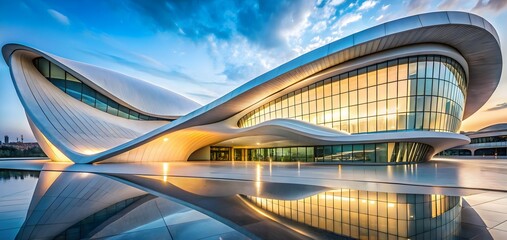 Fototapeta premium Modern Architectural Masterpiece: A stunning, contemporary building with flowing, curved lines and a reflective pool in front, bathed in the golden light of dawn.