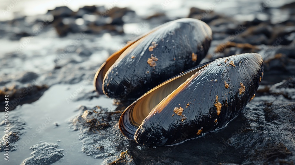 Canvas Prints Close-up of Mussels on a Rocky Beach