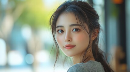 Obraz premium Portrait of a Young Asian Woman with a Gentle Smile