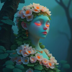 A fantasy illustration of a beautiful woman with long wavy hair, wearing a dress made of leaves and flowers, standing in an enchanted forest with soft green lighting.
