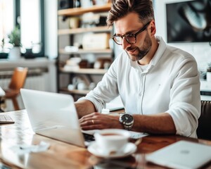 Fototapeta premium Focused Man Working on Laptop in Home Office, Modern Workspace with Coffee