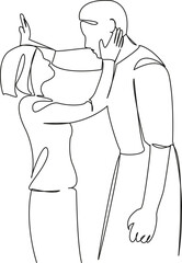 One continuous single drawing line art flat doodle person, man, romance, copy space, girlfriend, smiling, boyfriend, woman, adult, embracing. Isolated image hand draw contour on a white background