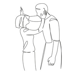 One continuous single drawing line art flat doodle person, man, romance, copy space, girlfriend, smiling, boyfriend, woman, adult, embracing. Isolated image hand draw contour on a white background