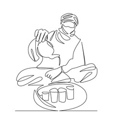 One continuous single drawing line art flat doodle people, bedouin, adult, man, drink, culture, tea - hot drink, islam, vertical. Isolated image hand draw contour on a white background