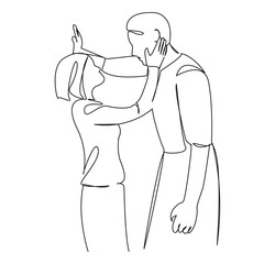 One continuous single drawing line art flat doodle person, man, romance, copy space, girlfriend, smiling, boyfriend, woman, adult, embracing. Isolated image hand draw contour on a white background