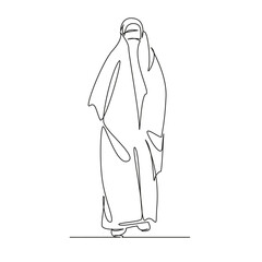One continuous single drawing line art flat doodle woman, muslim, islam, religion, covering, portrait, traditional, tradition, dress, person. Isolated image hand draw contour on a white background