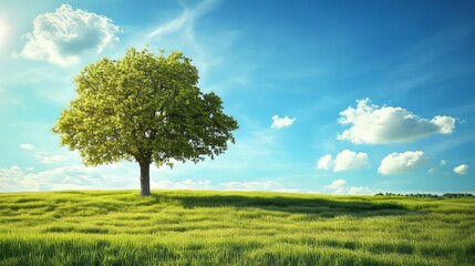 Obraz premium Lush Green Meadow with Majestic Tree under Bright Blue Sky with Fluffy Clouds