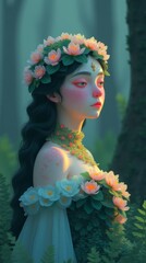 A fantasy illustration of a beautiful woman with long wavy hair, wearing a dress made of leaves and flowers, standing in an enchanted forest with soft green lighting.
