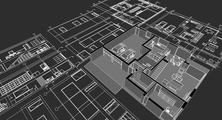 house architectural project sketch 3d illustration