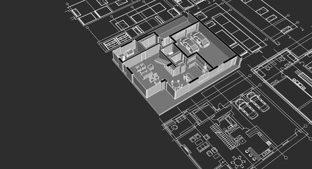 house architectural project sketch 3d illustration