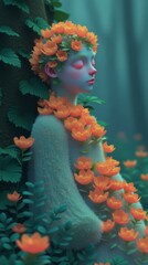 A fantasy illustration of a beautiful woman with long wavy hair, wearing a dress made of leaves and flowers, standing in an enchanted forest with soft green lighting.
