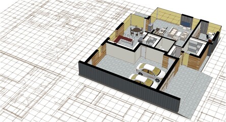house architectural project sketch 3d illustration