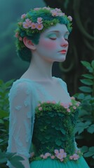 A fantasy illustration of a beautiful woman with long wavy hair, wearing a dress made of leaves and flowers, standing in an enchanted forest with soft green lighting.
