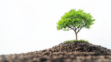 Flourishing Green Tree on Lush Soil Hill - Nature Environment Ecology Concept