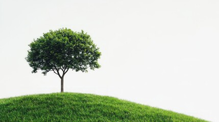 Lush Green Tree on Grassy Hill Surrounded by Serene Landscape