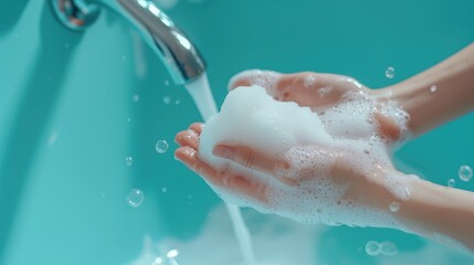 Fototapeta premium Close-up hands washing soap foam, light blue bathroom, Kodak Ektar style, ultra-realism detail.
