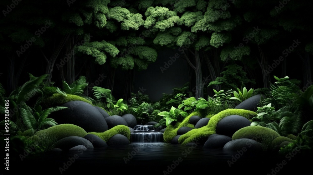 Poster Mystical Forest Stream:  A serene and enchanting 3D rendering of a lush forest with a tranquil stream cascading over mossy rocks. The soft glow of the moon illuminates the scene.