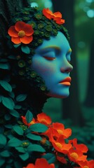 A fantasy illustration of a beautiful woman with long wavy hair, wearing a dress made of leaves and flowers, standing in an enchanted forest with soft green lighting.
