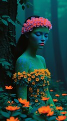 A fantasy illustration of a beautiful woman with long wavy hair, wearing a dress made of leaves and flowers, standing in an enchanted forest with soft green lighting.
