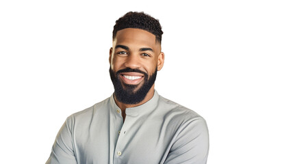Obraz premium Happy smiling handsome African American man looking to camera on transparent background PNG.