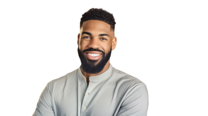Happy smiling handsome African American man looking to camera on transparent background PNG.


