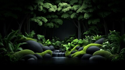 Mystical Forest Stream:  A serene and enchanting 3D rendering of a lush forest with a tranquil stream cascading over mossy rocks. The soft glow of the moon illuminates the scene.