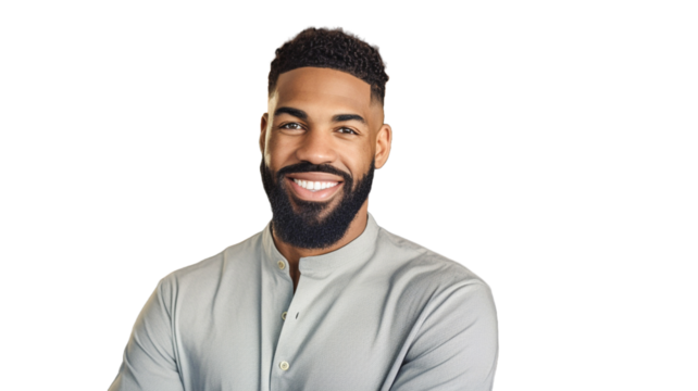 Happy smiling handsome African American man looking to camera on transparent background PNG.

