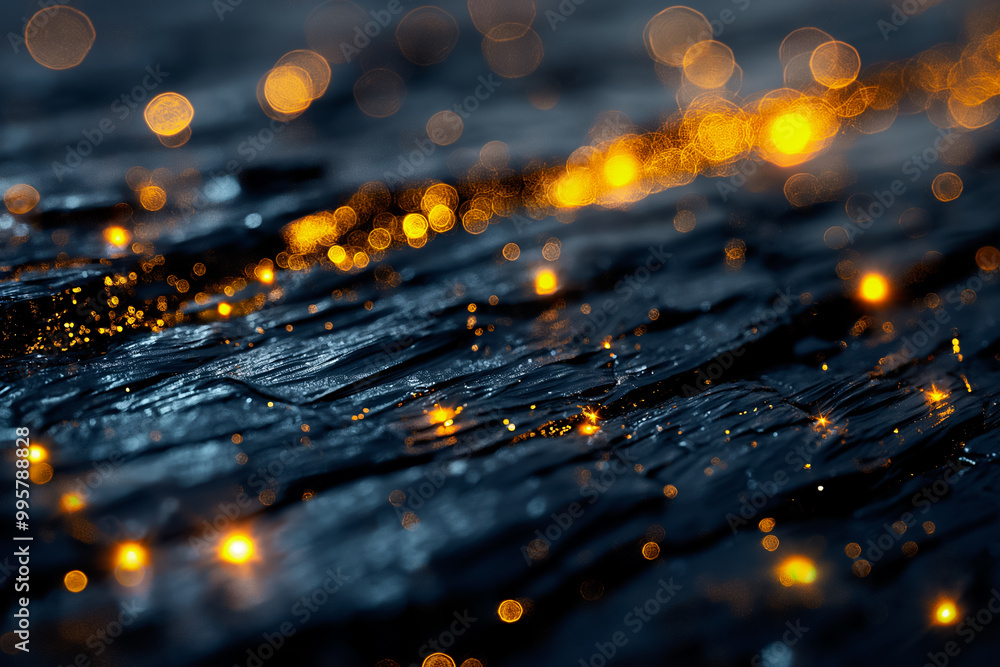 Poster the image showcases a close-up view of glistening golden sparks scattered across a dark textured bac