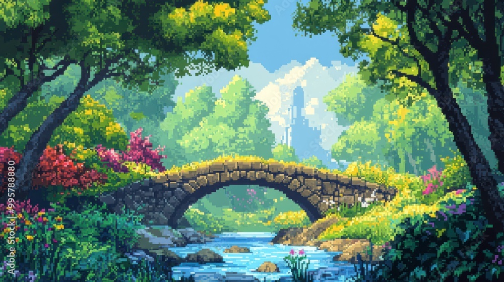 Poster Stone Bridge Over a Creek in a Lush Forest with a Towering Structure in the Distance