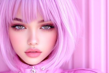 Naklejka premium A girl with pink hair and pink clothing. She has a pink background