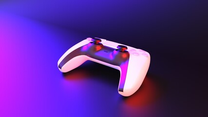 Modern white gamepad illuminated in red and blue. Game controller for video games and e-sports on a dark back © Pikpexel