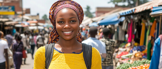 Obraz premium A young woman smiles confidently in a vibrant market, showcasing the lively atmosphere and colorful surroundings of urban life.