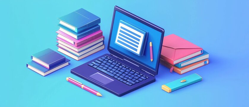 Digital learning setup with books and laptop illustration