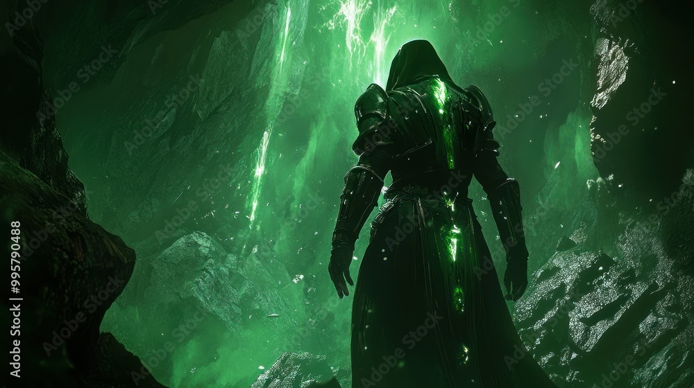 Poster A Hooded Figure Standing in a Green Cave with Glowing Light