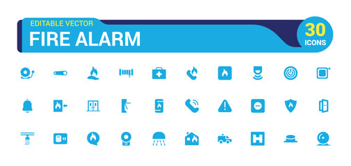 Fire alarm systems icons set, related to Alert, smoke sensor, glyph collection for web and ui. Filled icon pack, Solid icons set. Vector illustration.