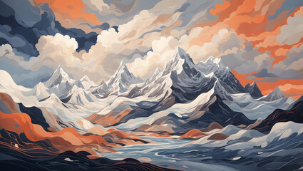 landscape painting of snowy mountains under a colorful sky with orange and blue clouds.