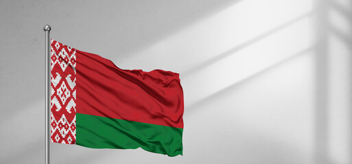 Belarus national flag cloth fabric waving on beautiful window light grey Background.