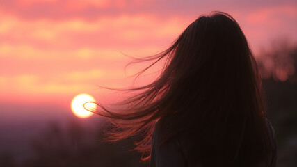Fototapeta premium Serene Sunset Scene with Flowing Hair Silhouette