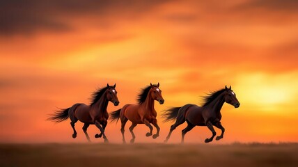 Three horses gallop against a stunning sunset, embodying freedom and grace in a vibrant landscape of warm hues.