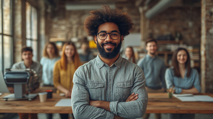 Confident man standing in front of diverse team in modern workspace, showcasing teamwork and collaboration for business success.