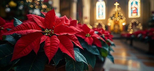 Red poinsettia flowers in a church, Christmas decorations.