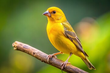 Obraz premium A striking yellow finch perches gracefully on a branch, its brilliant feathers contrasting beautifully with a softly