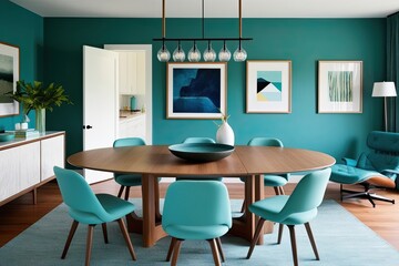 Seafoam Chairs and Oval Oak Dining Table in a Contemporary Living Space with Teal Walls and Lounge Chair