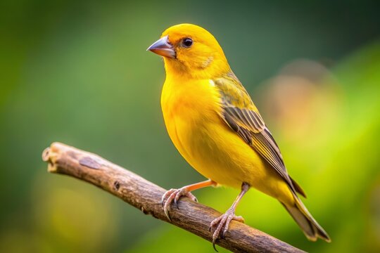 A striking yellow finch perches gracefully on a branch, its brilliant feathers contrasting beautifully with a softly