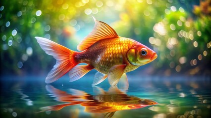 A stunning goldfish swims elegantly in serene, clear waters, creating lovely reflections while navigating a rich,
